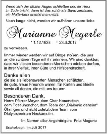 Traueranzeige von Marianne Megerle 