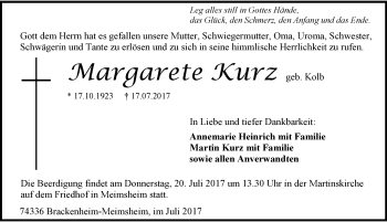 Traueranzeige von Margarete Kurz 