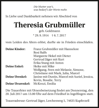 Traueranzeige von Theresia Grubmüller 