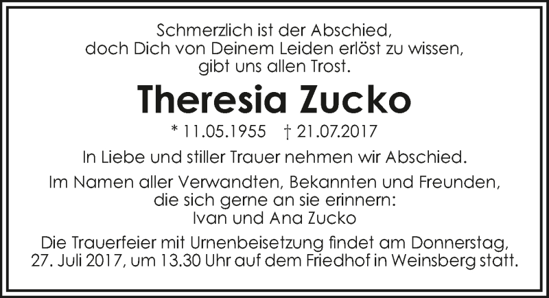  Traueranzeige für Theresia Zucko vom 24.07.2017 aus 