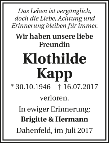 Traueranzeige von Klothilde Kapp 