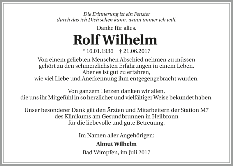  Traueranzeige für Rolf Wilhelm vom 08.07.2017 aus 