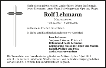 Traueranzeige von Rolf Lehmann 
