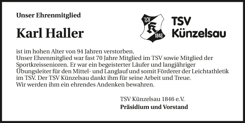  Traueranzeige für Karl Haller vom 18.07.2017 aus 