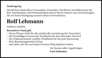 Traueranzeige von Rolf Lehmann 