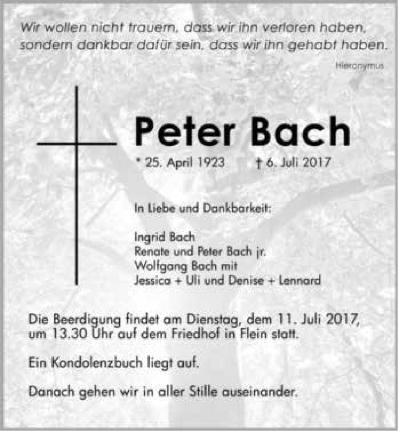  Traueranzeige für Peter Bach vom 08.07.2017 aus 