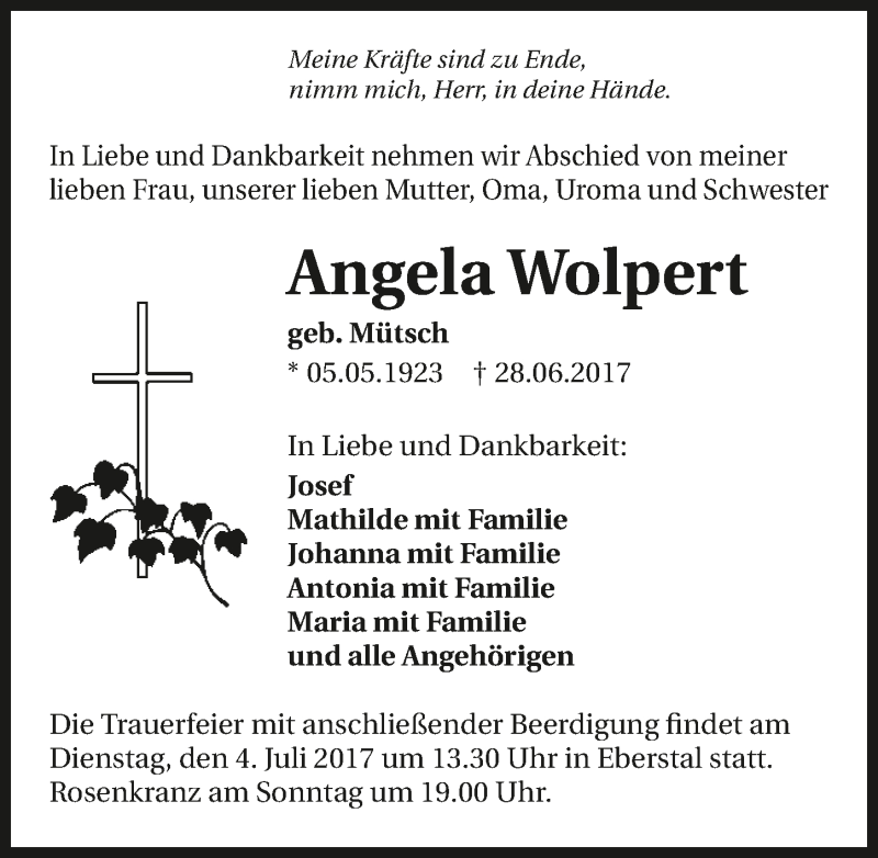  Traueranzeige für Angela Wolpert vom 01.07.2017 aus 