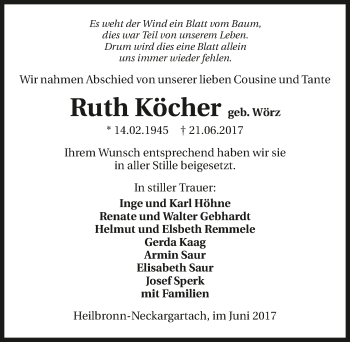 Traueranzeige von Ruth Köcher 