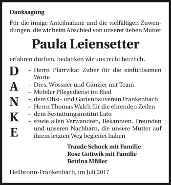 Traueranzeige von Paula Leiensetter 