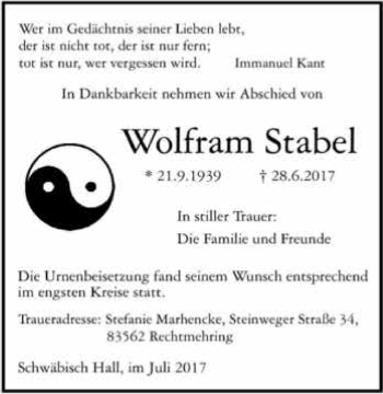 Traueranzeige von Wolfram Stabel 