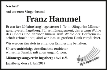 Traueranzeige von Franz Hammel 