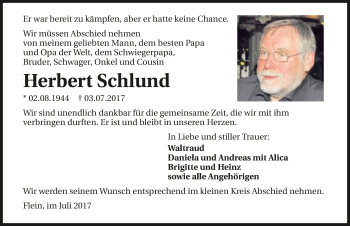 Traueranzeige von Herbert Schlund 