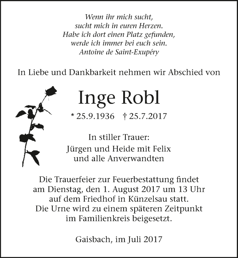  Traueranzeige für Inge Robl vom 27.07.2017 aus 