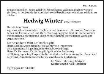 Traueranzeige von Hedwig Winter 