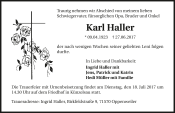 Traueranzeige von Karl Haller 