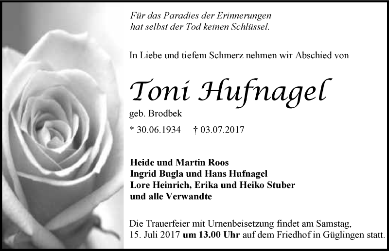  Traueranzeige für Toni Hufnagel vom 10.07.2017 aus 