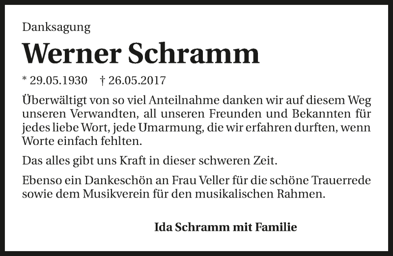  Traueranzeige für Werner Schramm vom 12.07.2017 aus 