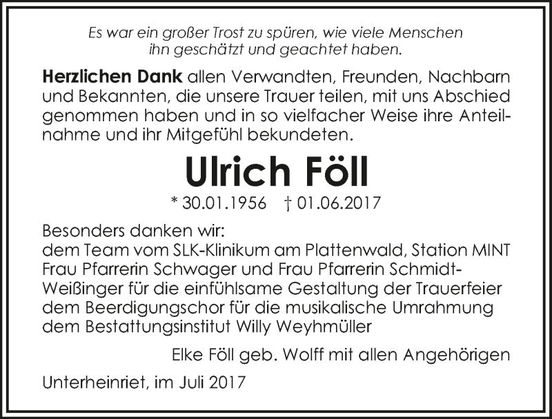  Traueranzeige für Ulrich Föll vom 08.07.2017 aus 