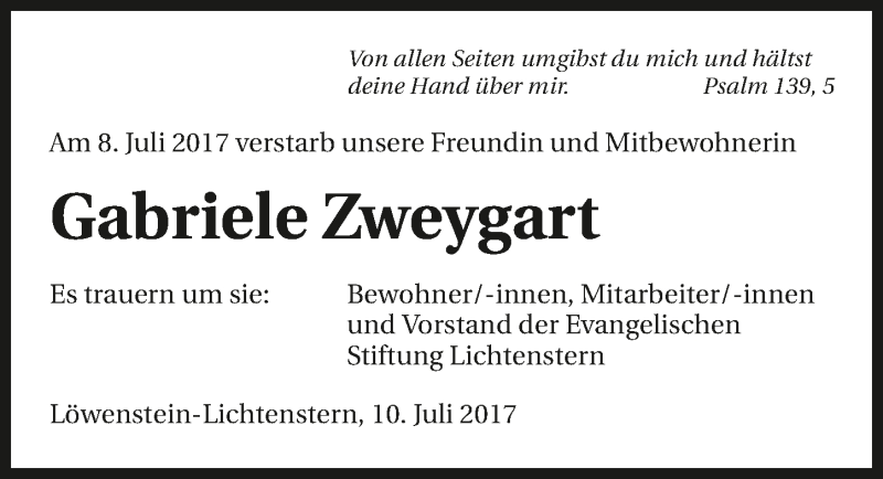  Traueranzeige für Gabriele Zweygart vom 11.07.2017 aus 