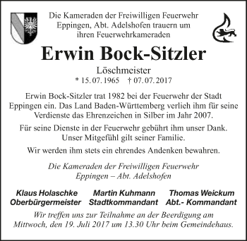 Traueranzeige von Erwin Bock-Sitzler 