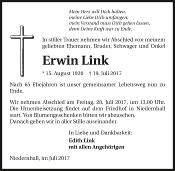 Traueranzeige von Erwin Link 