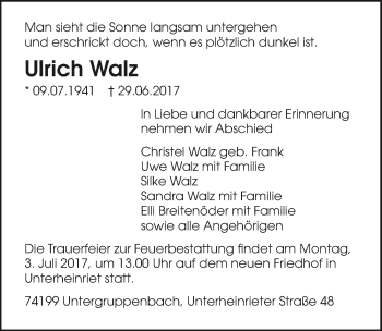 Traueranzeige von Ulrich Walz 