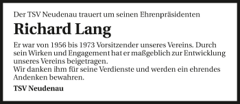 Traueranzeige von Richard Lang 