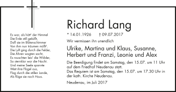 Traueranzeige von Richard Lang 