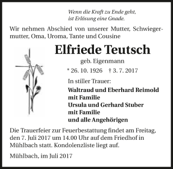 Traueranzeige von Elfriede Teutsch 