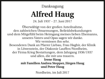 Traueranzeige von Alfred Haug 