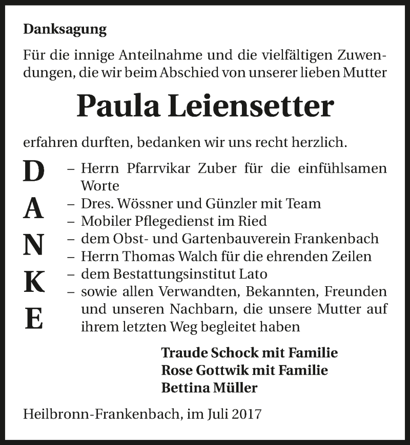 Traueranzeige für Paula Leiensetter vom 07.07.2017 aus 
