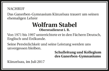 Traueranzeige von Wolfram Stabel 
