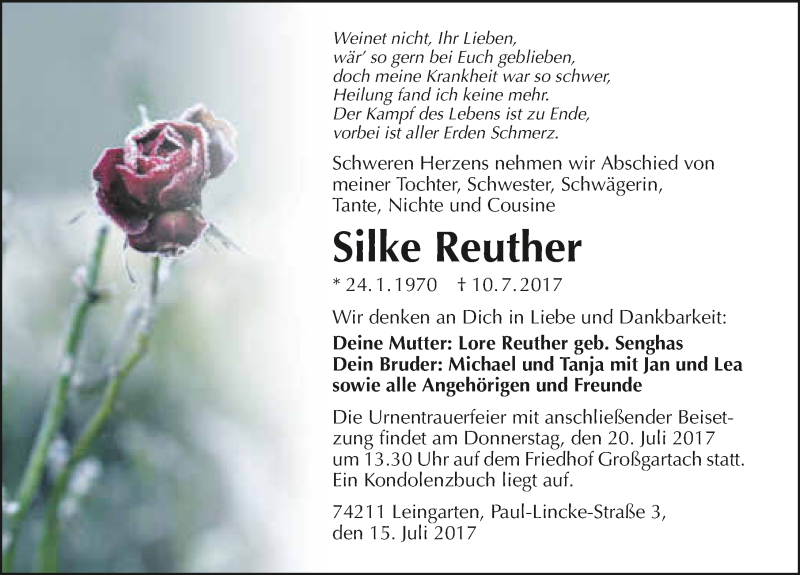  Traueranzeige für Silke Reuther vom 15.07.2017 aus 