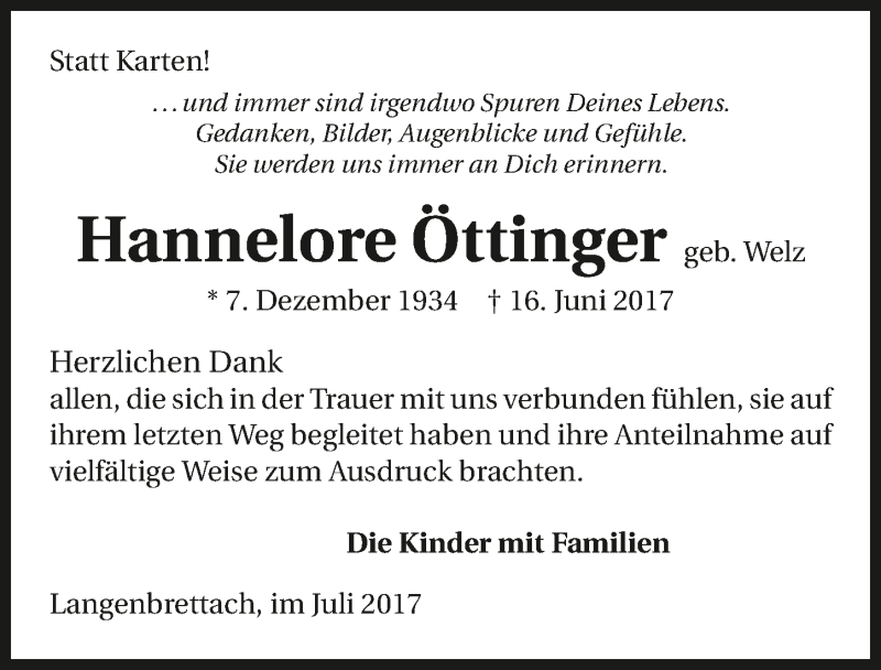  Traueranzeige für Hannelore Öttinger vom 07.07.2017 aus 