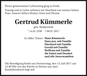Traueranzeige von Gertrud Kümmerle 