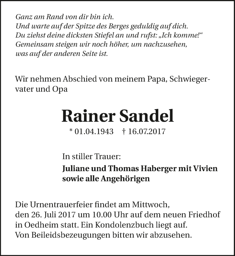  Traueranzeige für Rainer Sandel vom 22.07.2017 aus 