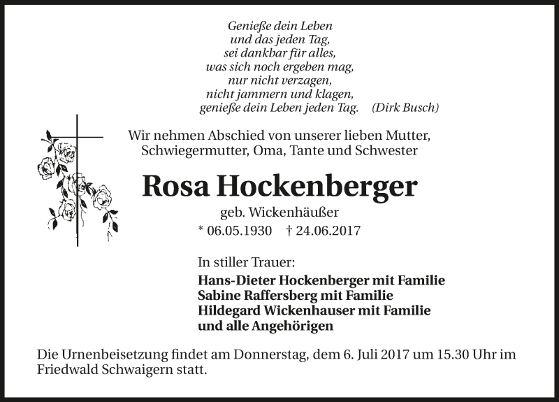  Traueranzeige für Rosa Hockenberger vom 03.07.2017 aus 