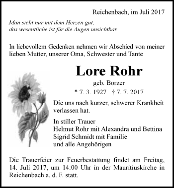 Traueranzeige von Lore Rohr 