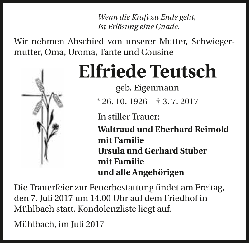  Traueranzeige für Elfriede Teutsch vom 06.07.2017 aus 