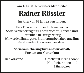 Traueranzeige von Rainer Rössler 