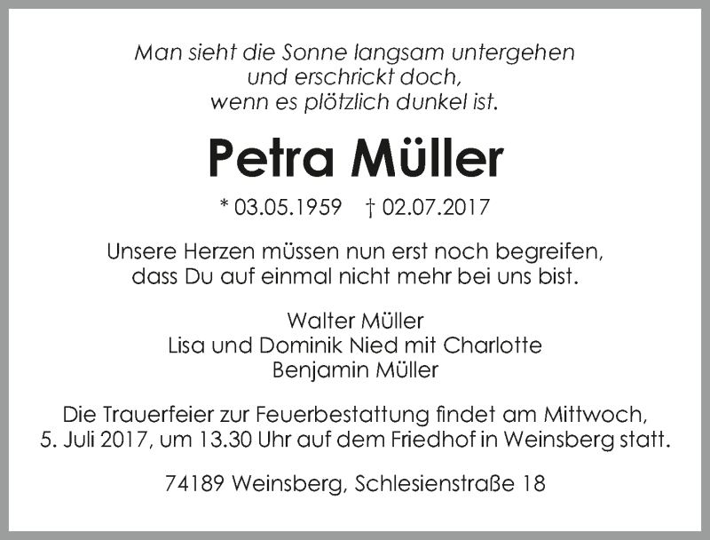  Traueranzeige für Petra Müller vom 03.07.2017 aus 