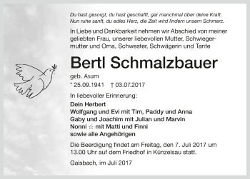 Traueranzeige von Bertl Schmalzbauer 