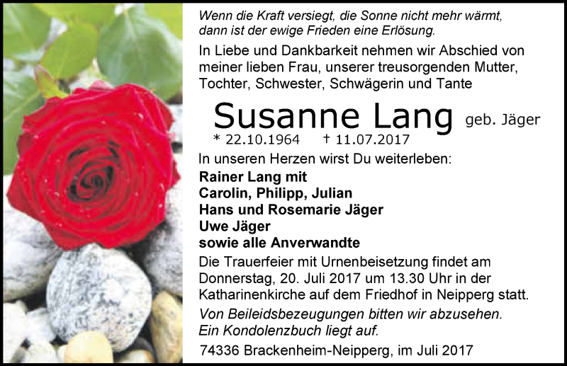  Traueranzeige für Susanne Lang vom 15.07.2017 aus 