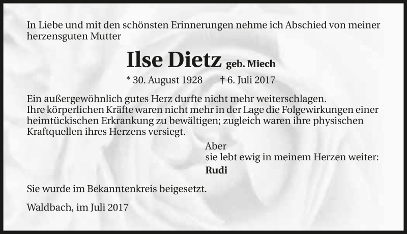  Traueranzeige für Ilse Dietz vom 17.07.2017 aus 