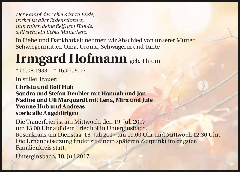  Traueranzeige für Irmgard Hofmann vom 18.07.2017 aus 