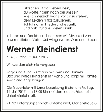 Traueranzeige von Werner Kleindienst 