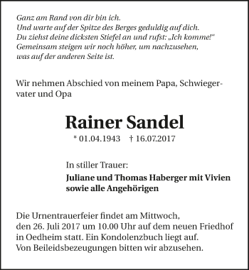 Traueranzeige von Rainer Sandel 