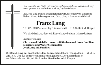 Traueranzeige von Franz Lang 