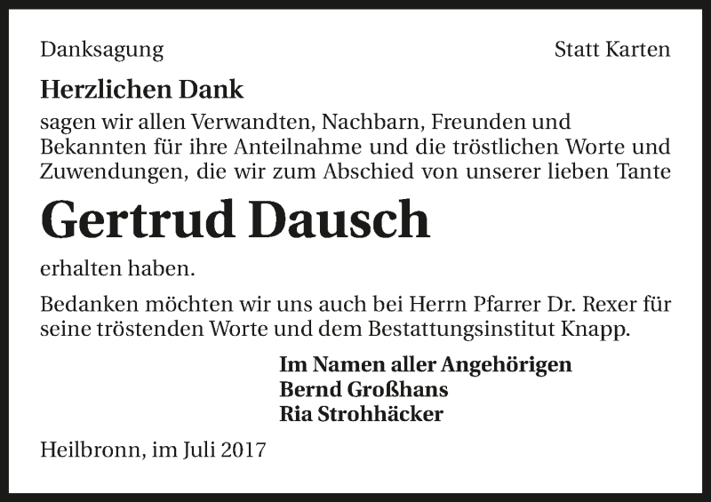  Traueranzeige für Gertrud Dausch vom 15.07.2017 aus 
