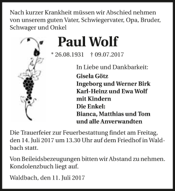 Traueranzeige von Paul Wolf 
